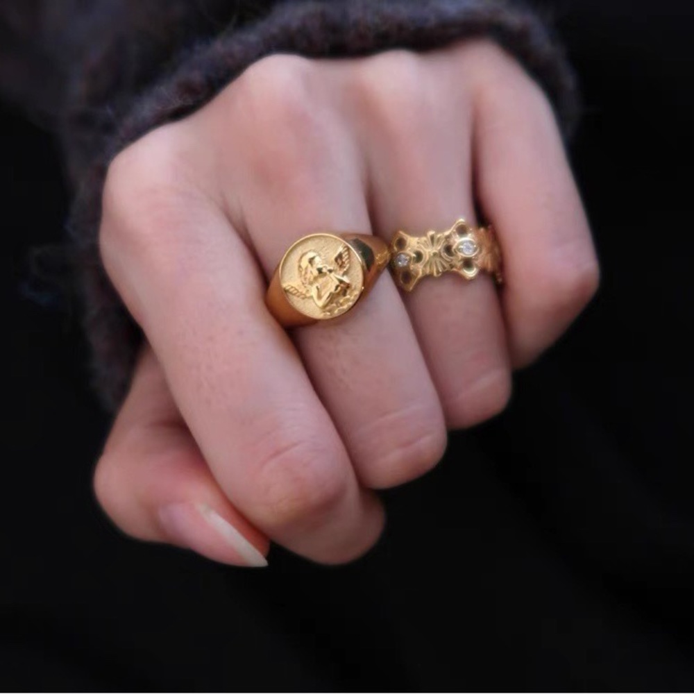 Baby angel signet ring, kewpie signet ring, gold signet ring, gold stacking ring